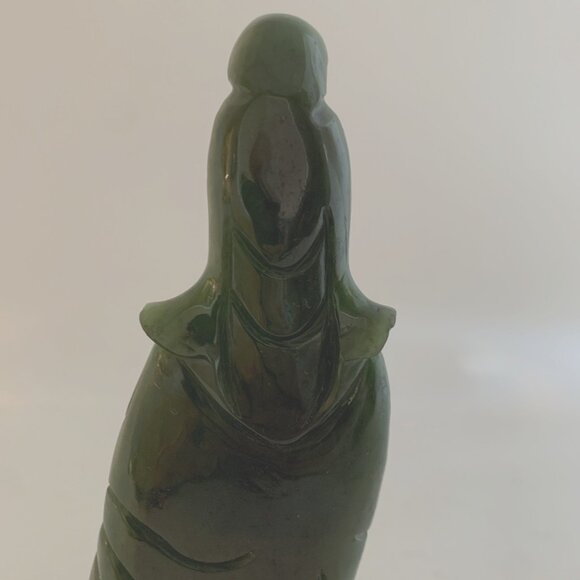 Chinese Nephrite Jade Guanyin 7" Statue w/Stand Hand Carved Deep Green Goddess - Picture 8 of 15